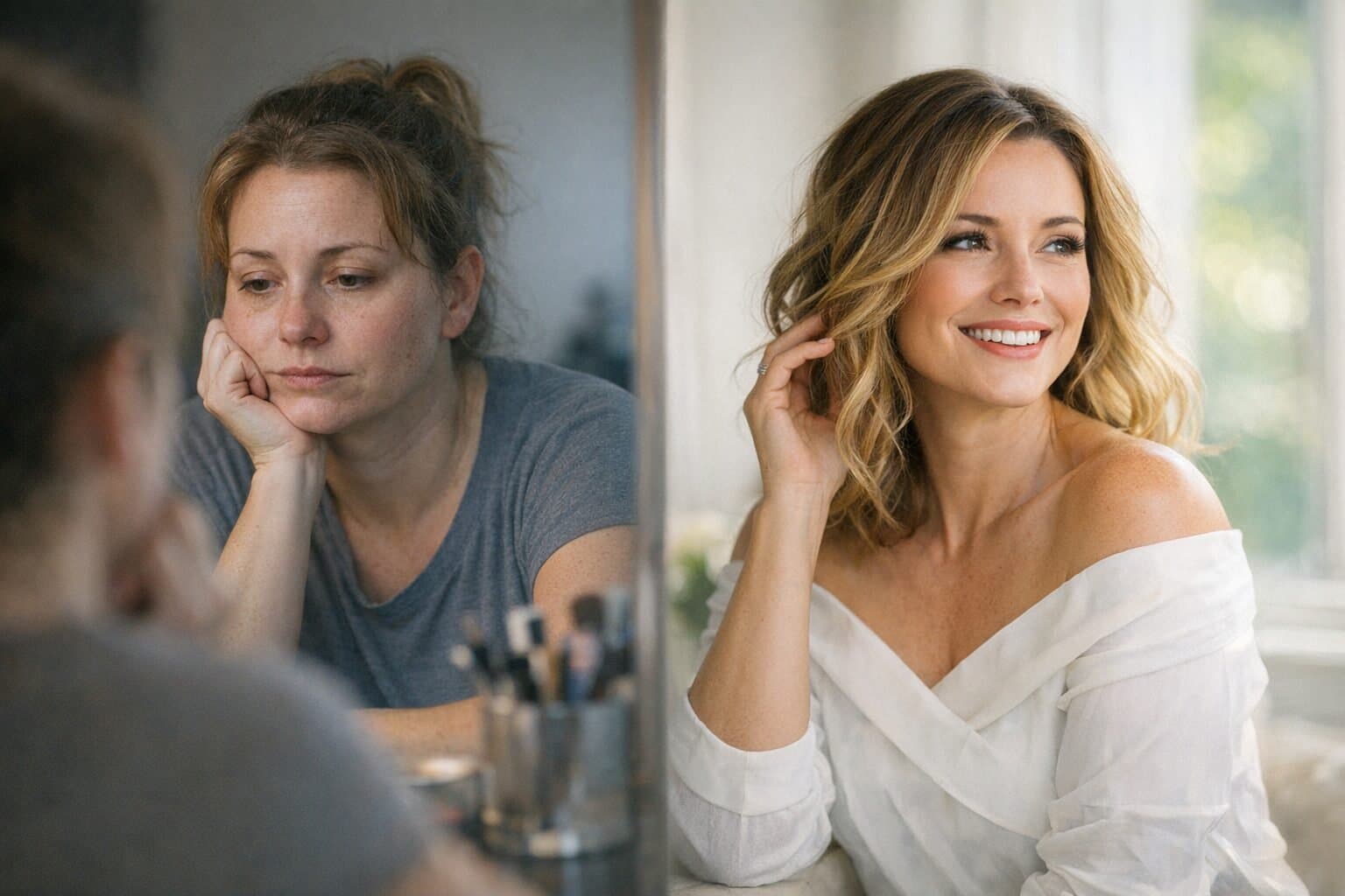 Side-by-side images of a woman looking tired and then smiling confidently after transformation