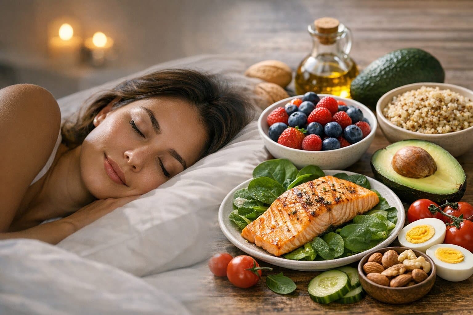 Woman sleeping peacefully next to a table with salmon, avocado, berries, nuts, and vegetables