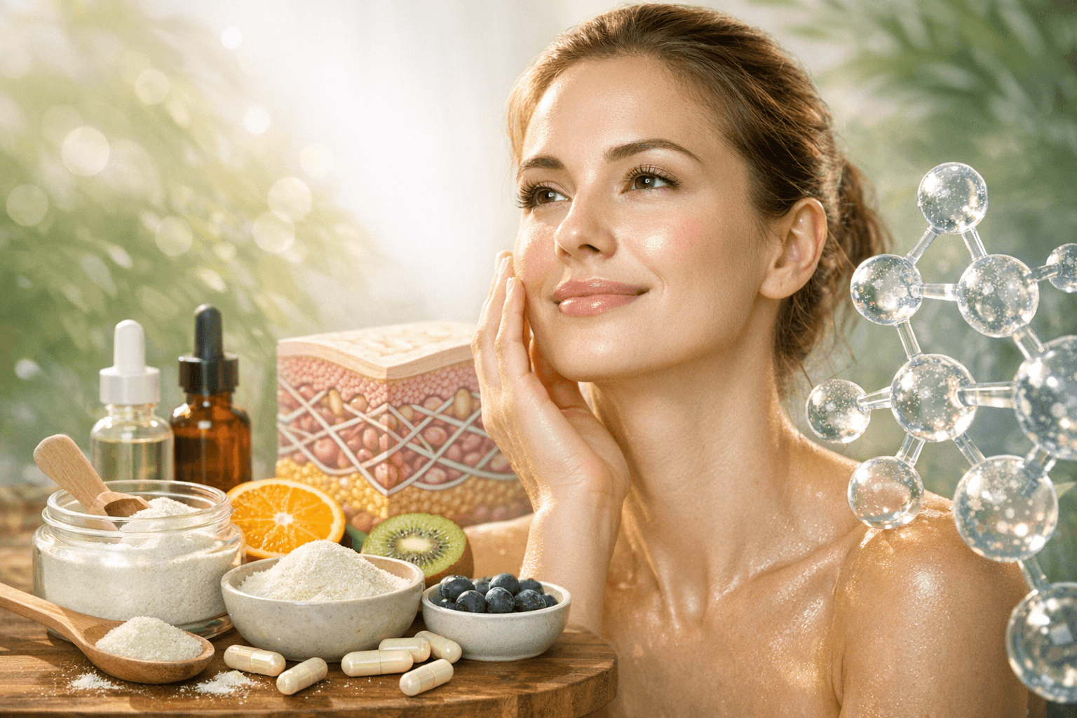 Smiling woman with glowing skin surrounded by collagen supplements, fruits, and molecular model