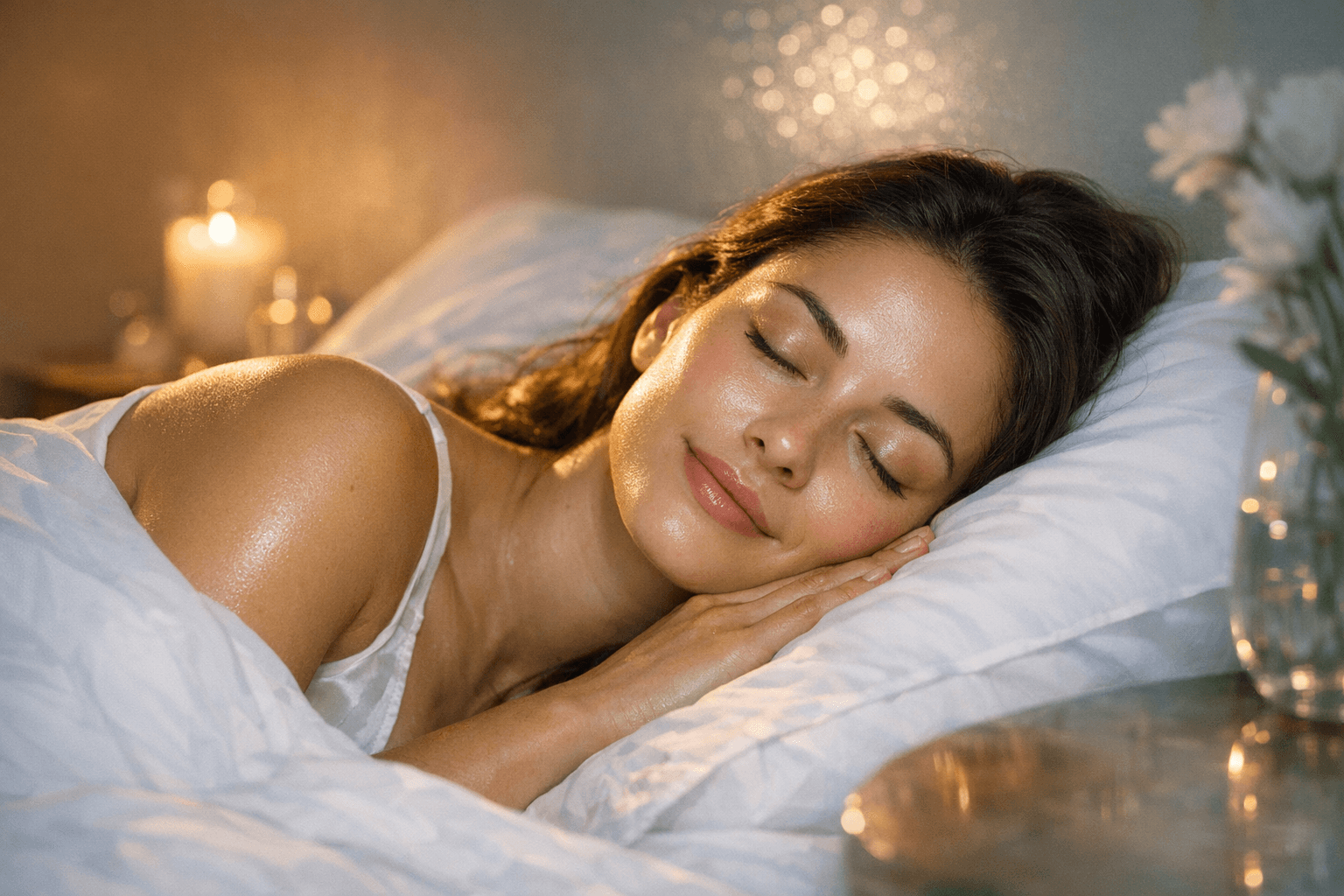 Young woman sleeping peacefully on white pillow with glowing skin and soft lighting