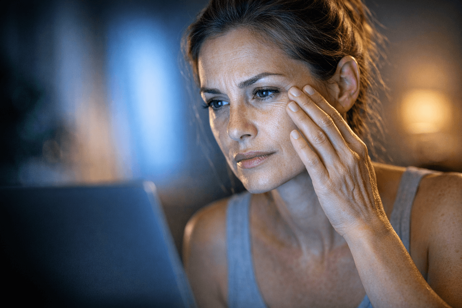 Middle-aged woman touching her face while looking at a laptop screen in dim light