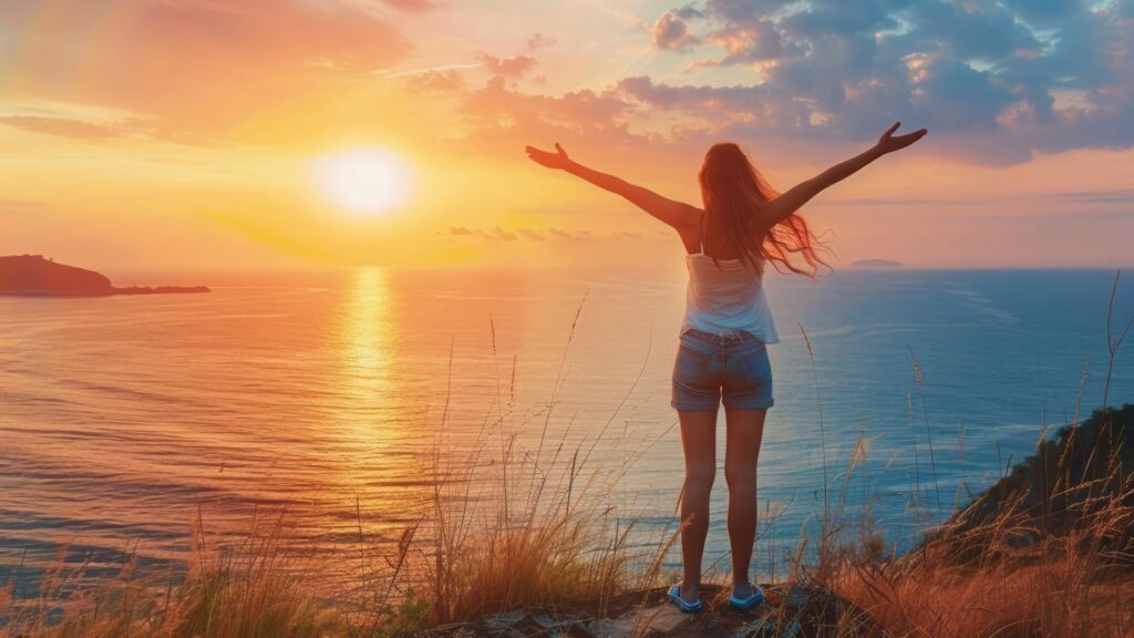 Woman standing on a cliff with arms raised, facing the ocean at sunset, symbolising energy and vitality.