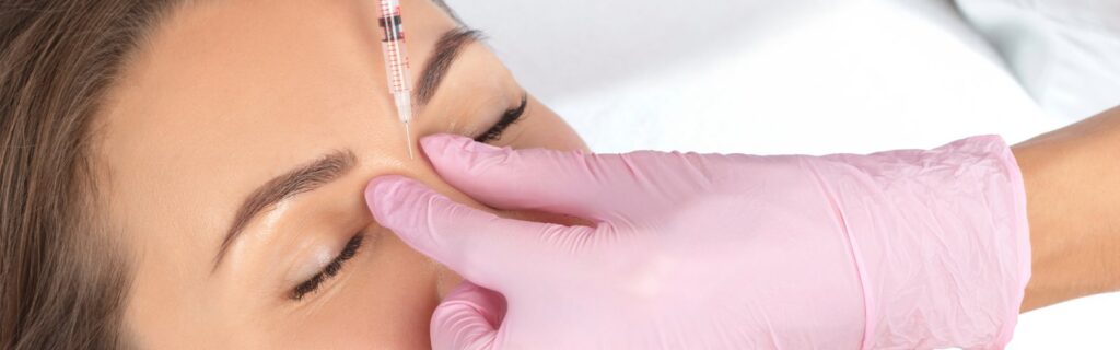 Close-up of a woman receiving a Botox injection on her forehead from a professional.