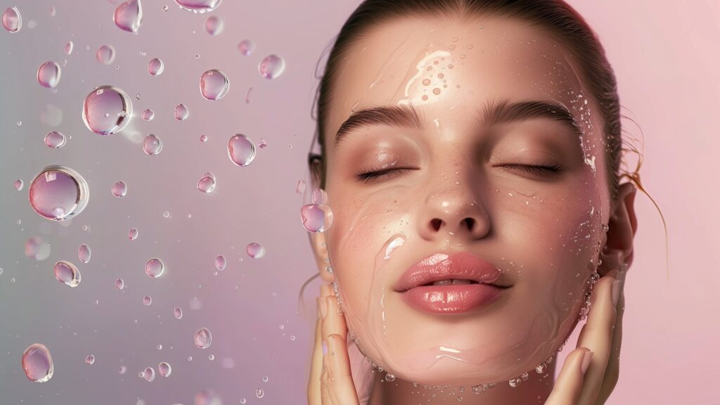 Close-up of a woman with water droplets on her face, symbolising the hydrating effects of a skin booster treatment.