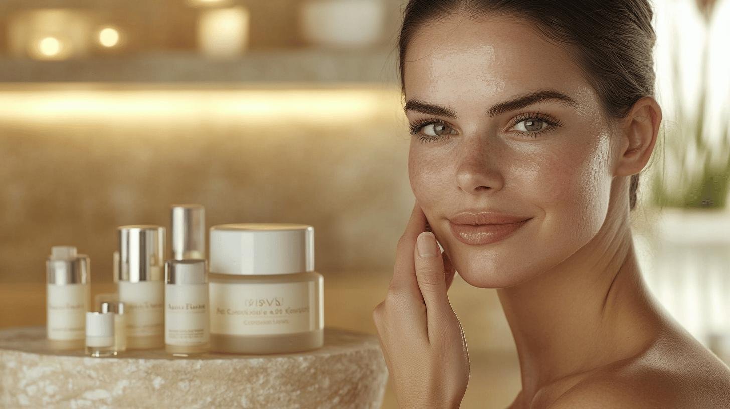 Woman with glowing skin next to luxury skincare products in a spa-like setting.