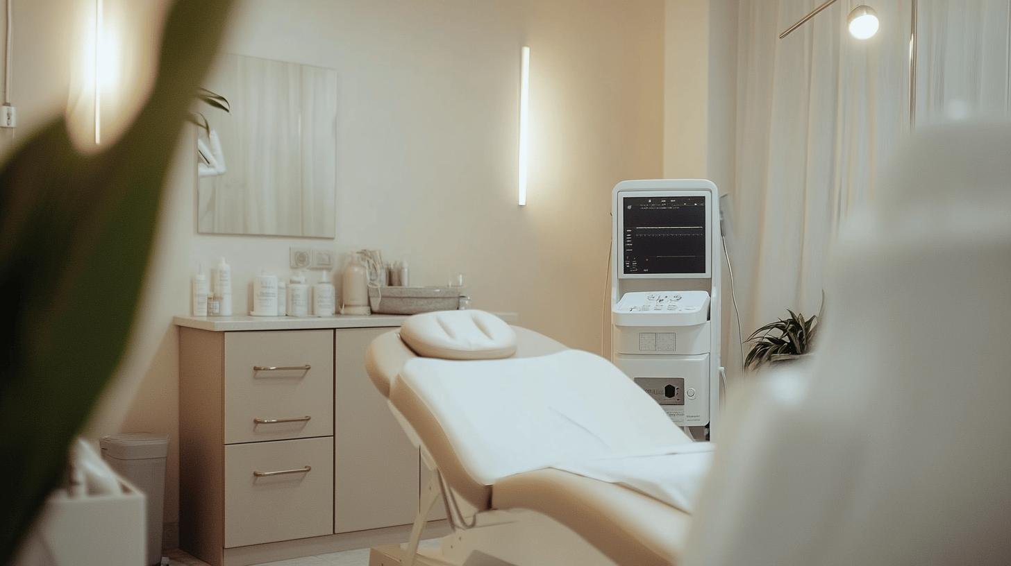 Minimalist treatment room with a reclining chair and medical equipment, set up for skincare treatments