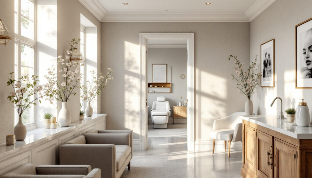 Bright and modern waiting room with elegant furniture and sunlight streaming through windows