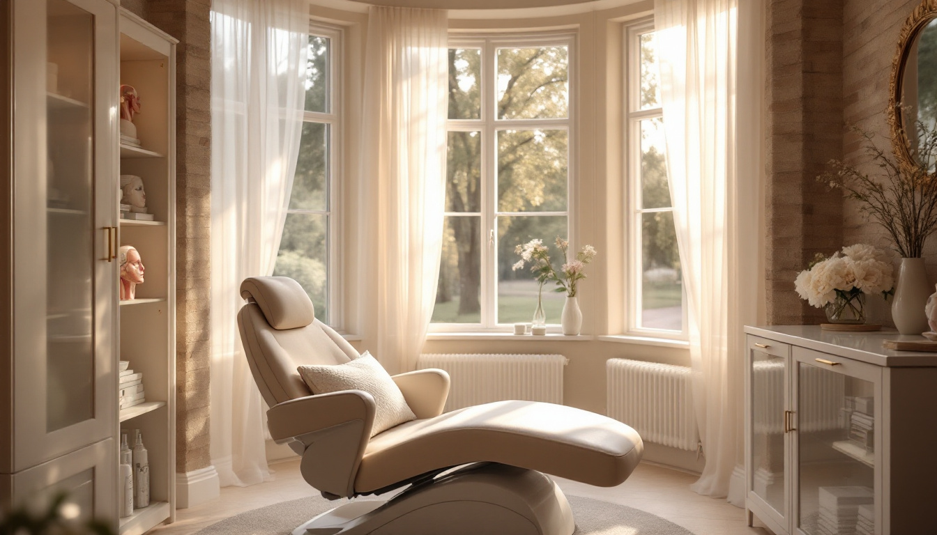 Luxurious spa treatment room with a reclining chair and large windows