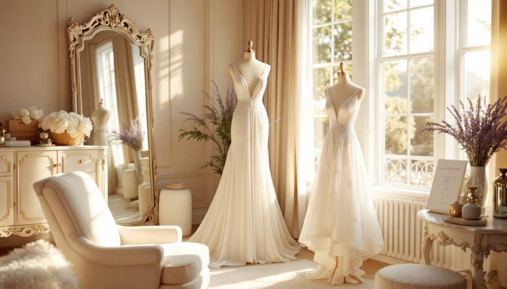 Elegant bridal boutique with two wedding dresses displayed on mannequins