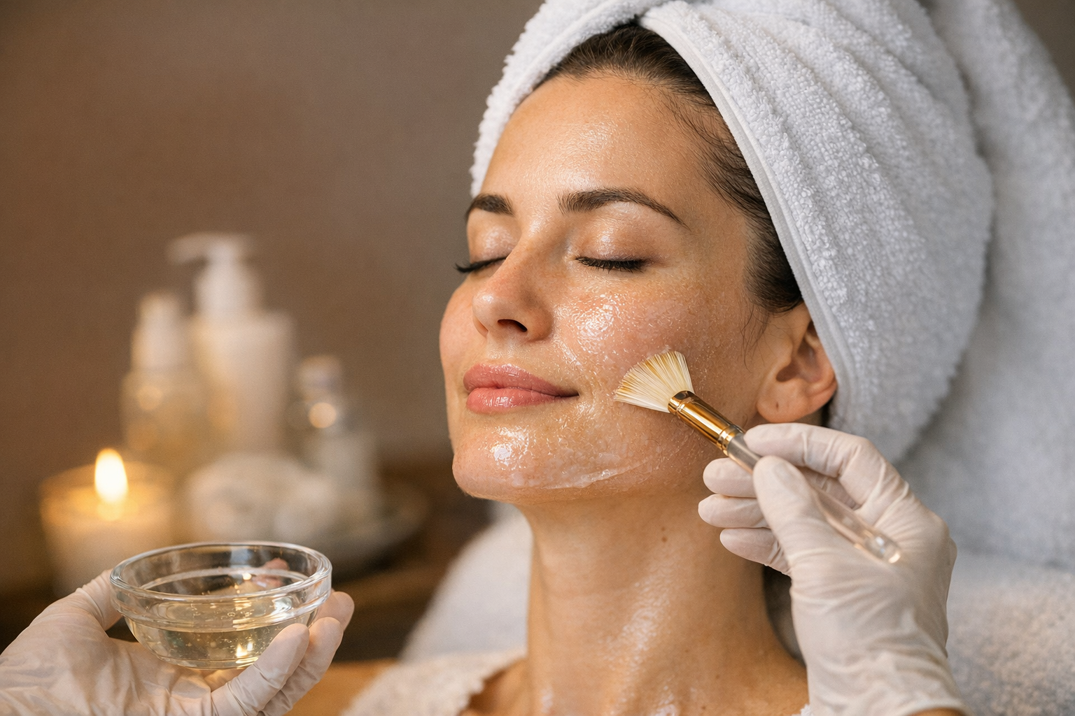 Applying Chemical Peel Treatment for Skin Texture Renewal Woman with towel on head receiving chemical peel application on face with brush