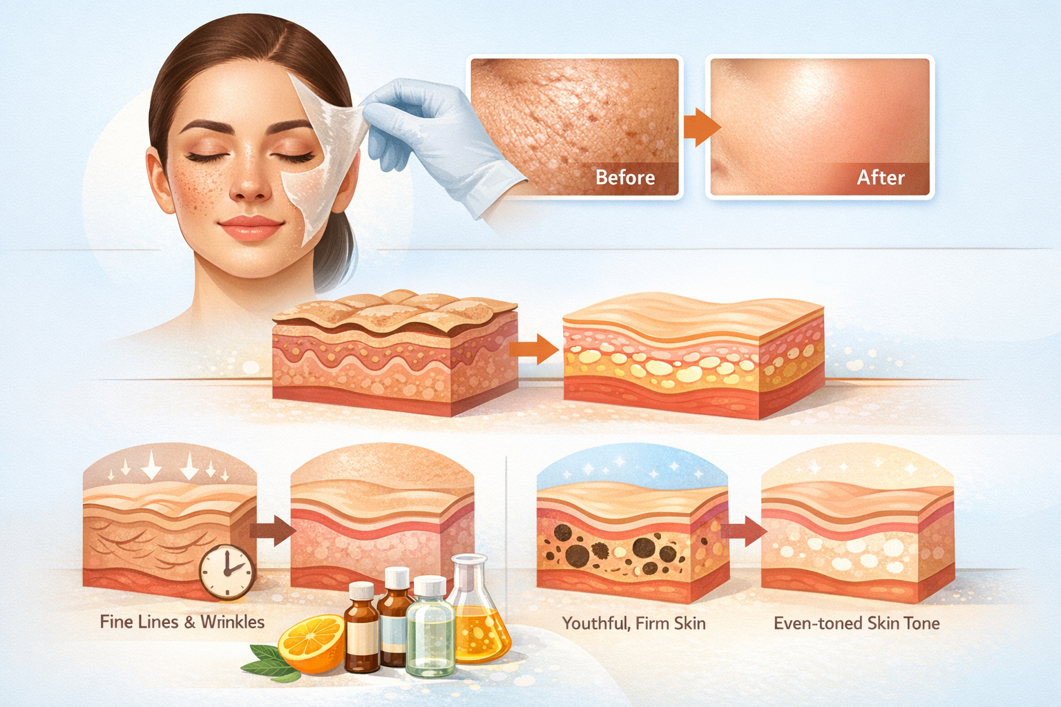 Chemical Peel Benefits for Smoother, Youthful Skin Texture Illustration showing chemical peel process with before and after skin close-ups and skin layer diagrams