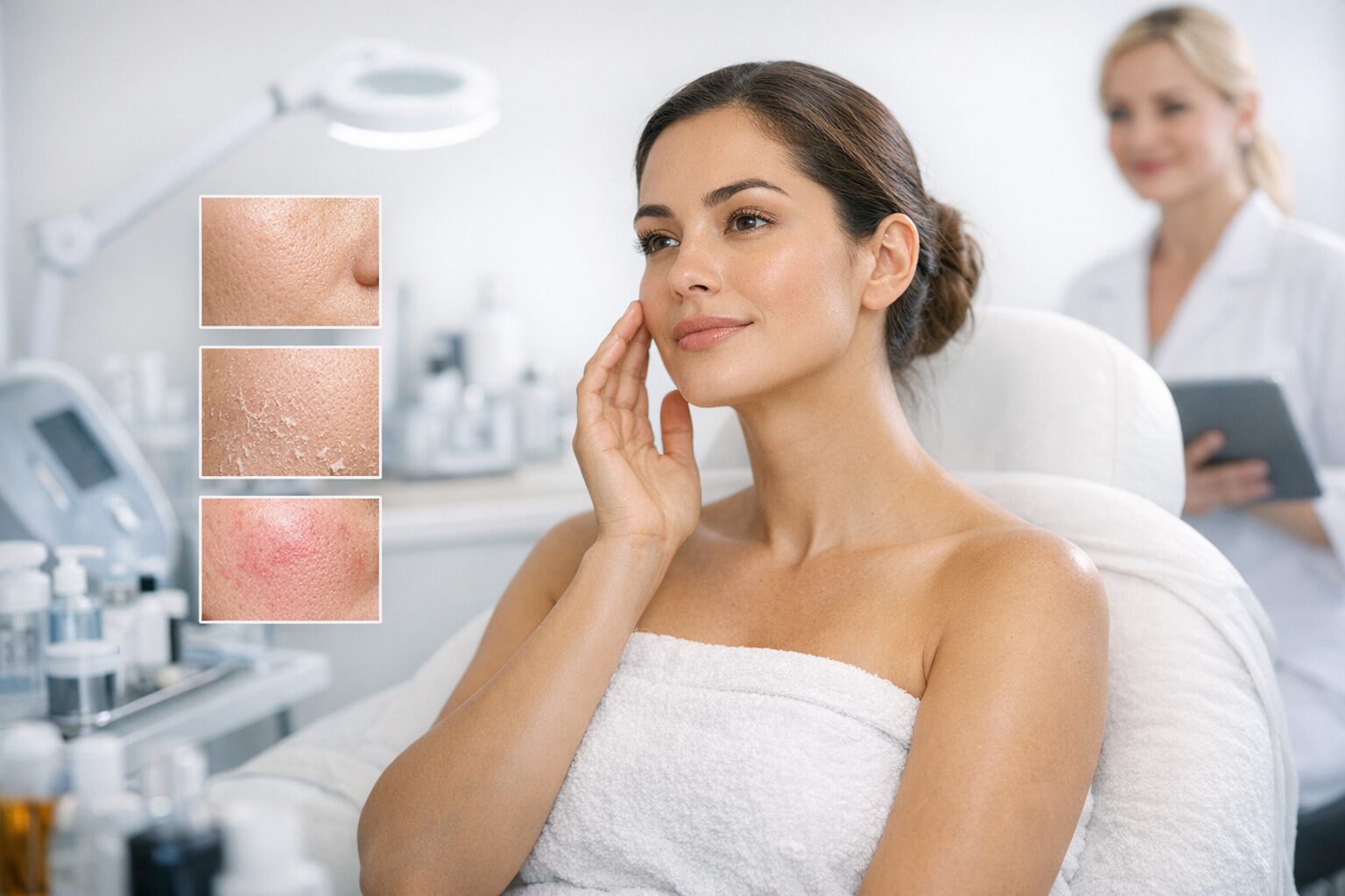 Woman in spa chair touching her face with skin condition close-ups and a professional in background