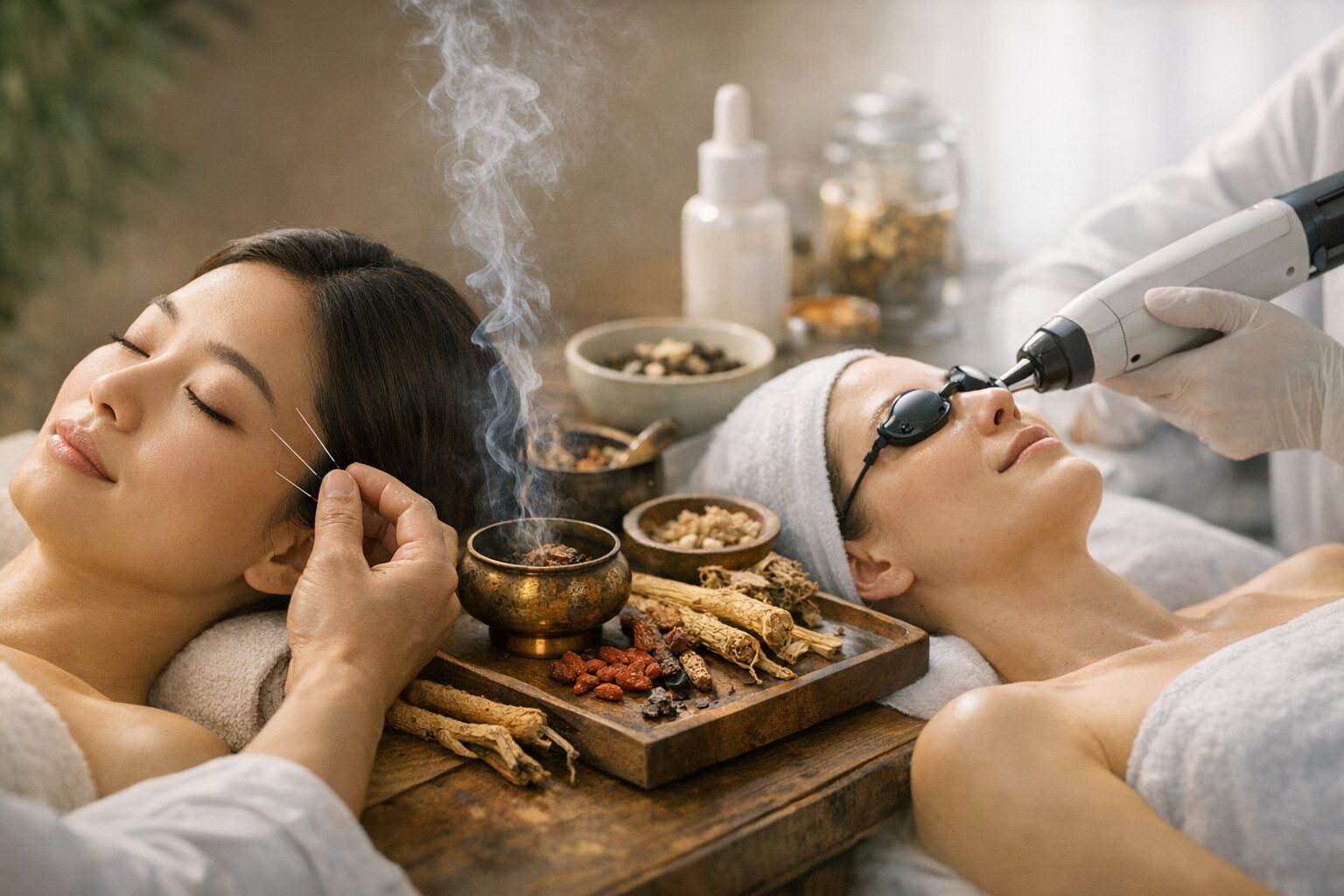 Two women receiving acupuncture and laser facial treatment with herbal medicine in between