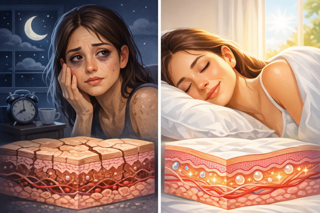 Side-by-side of a tired woman with damaged skin at night and a rested woman with healthy skin in daylight