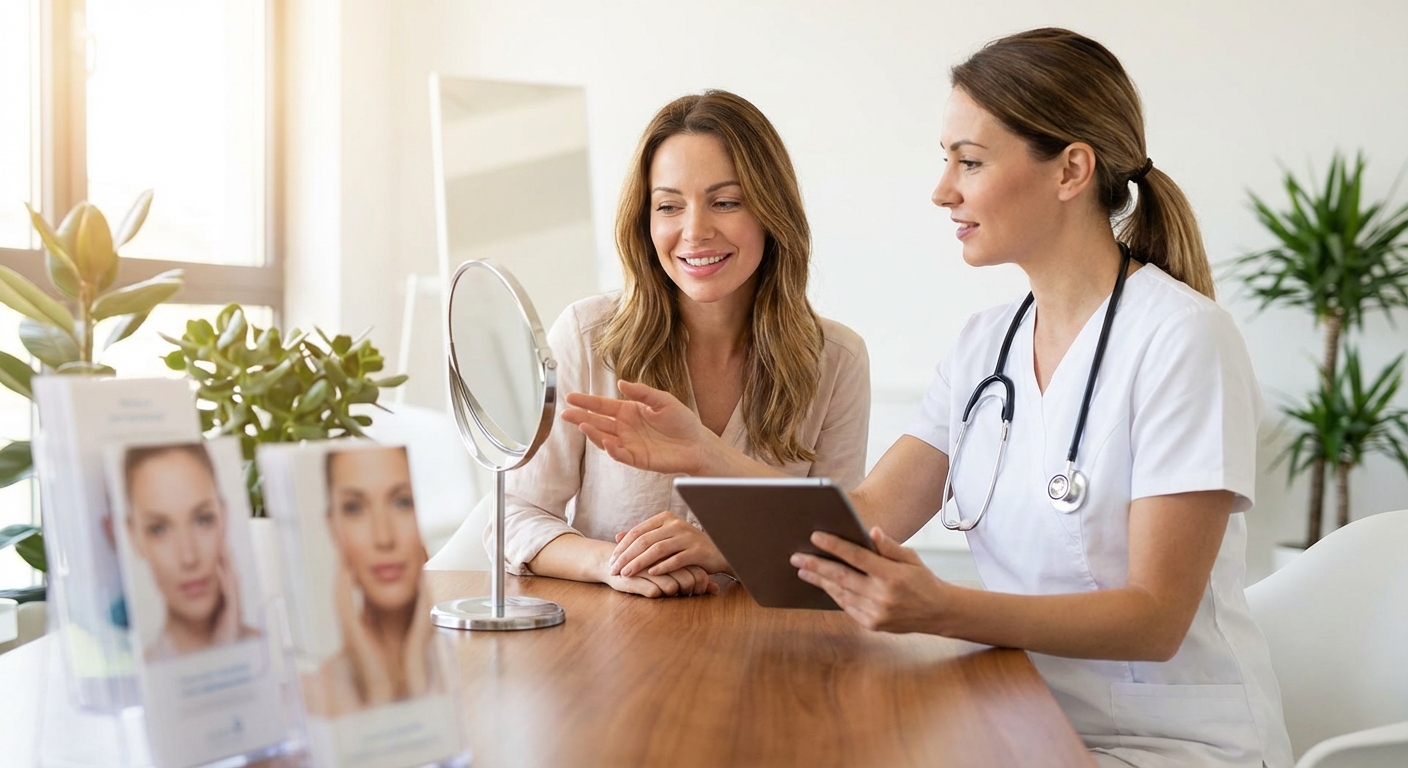 Woman consulting with healthcare professional about lip enhancement options