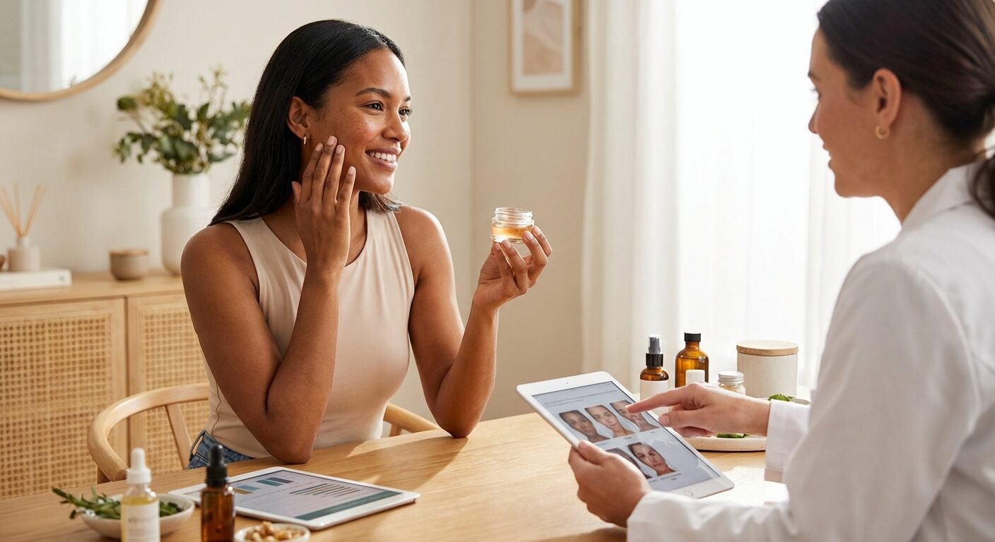 Two women discussing skin care treatments with tablets and skincare products on table