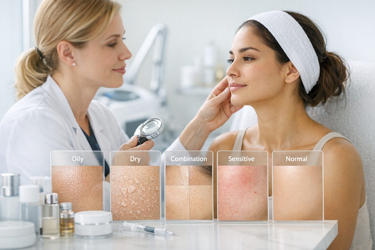 Dermatologist examining woman’s face with skin type samples labeled oily, dry, combination, sensitive, normal
