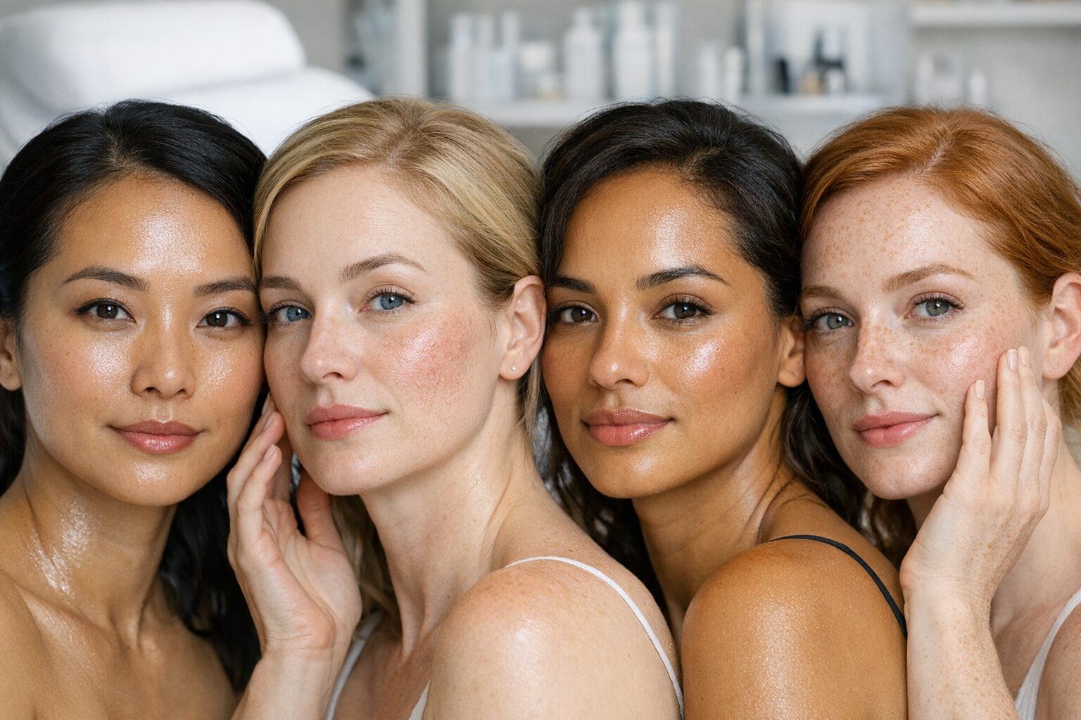 Four women with varied skin tones and textures closely posed in a skincare setting