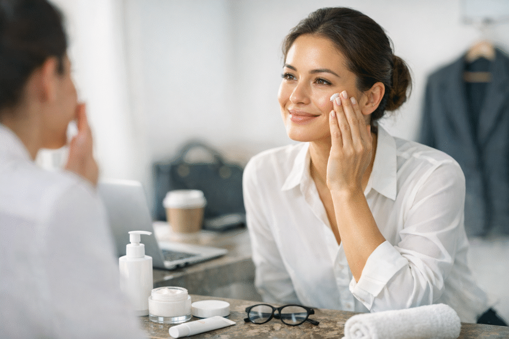 Smiling woman in white shirt applying cream to her face in front of a mirror with skincare products on the counter