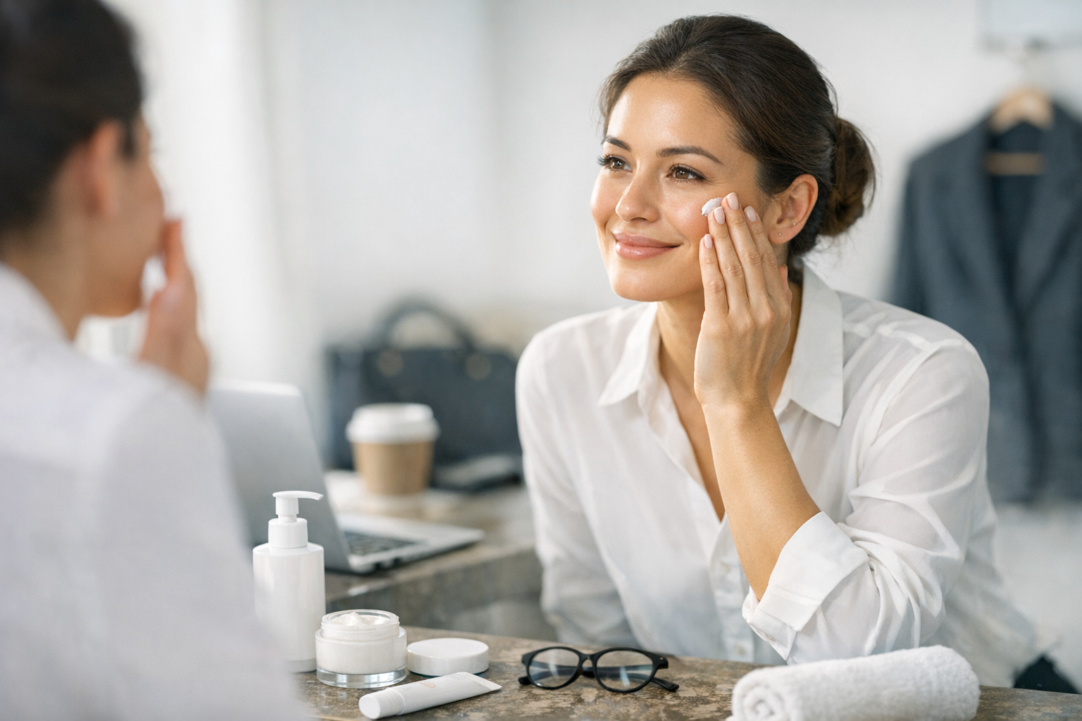 Smiling woman in white shirt applying cream to her face in front of a mirror with skincare products on the counter