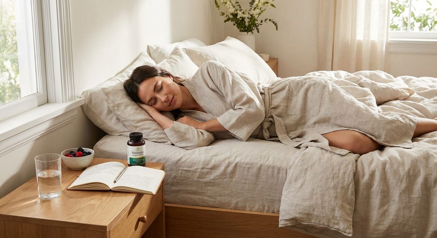 Woman sleeping on bed next to nightstand with water, berries, supplement bottle, and open notebook