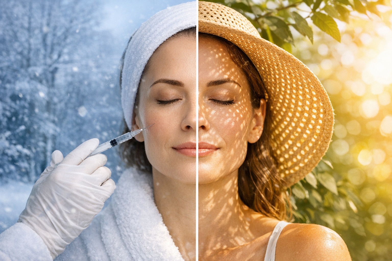 Woman receiving facial injection in winter setting and wearing sunhat in summer setting