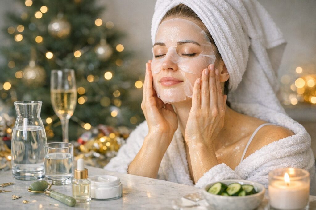 Woman with facial mask and towel on head relaxing with skincare products and festive lights