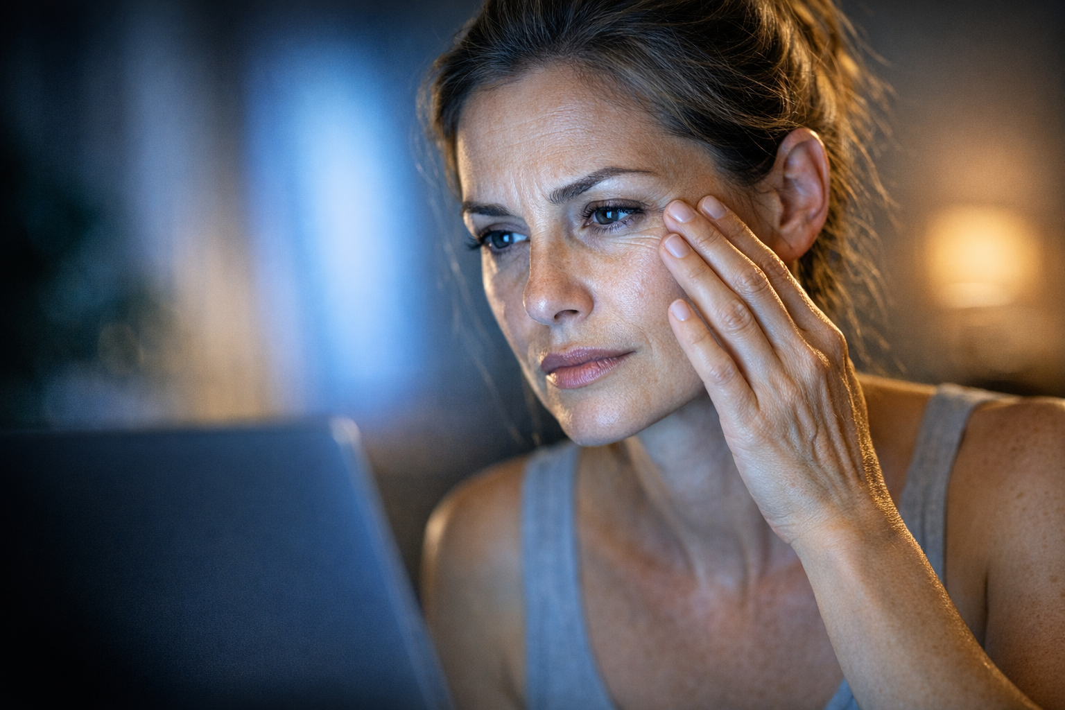 Middle-aged woman touching her face while looking at a laptop screen in dim light