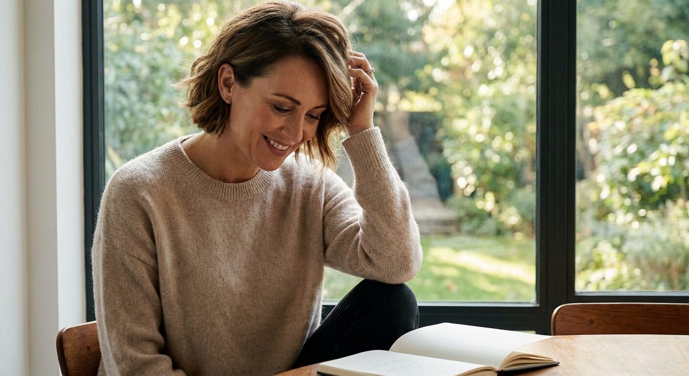 Smiling woman in beige sweater sitting by a window with an open journal on a wooden table